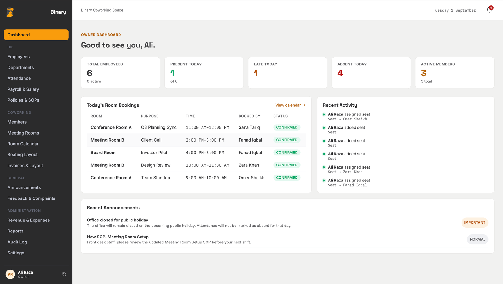 Binary Co-working HRM dashboard showing attendance and room bookings