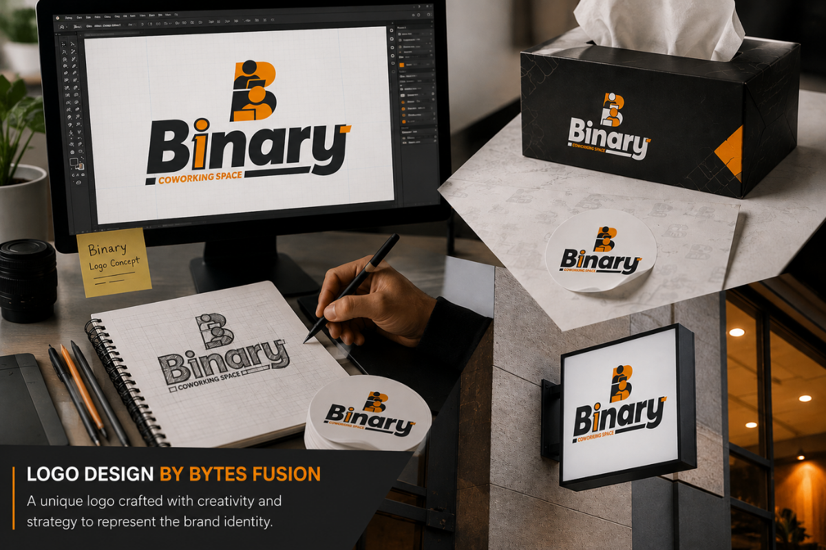 Binary Co-working brand identity applied to signage and packaging